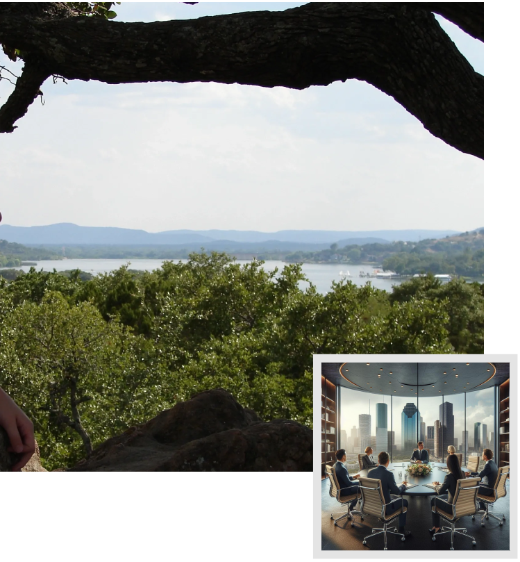 A view of the city from above, with a tree in front.